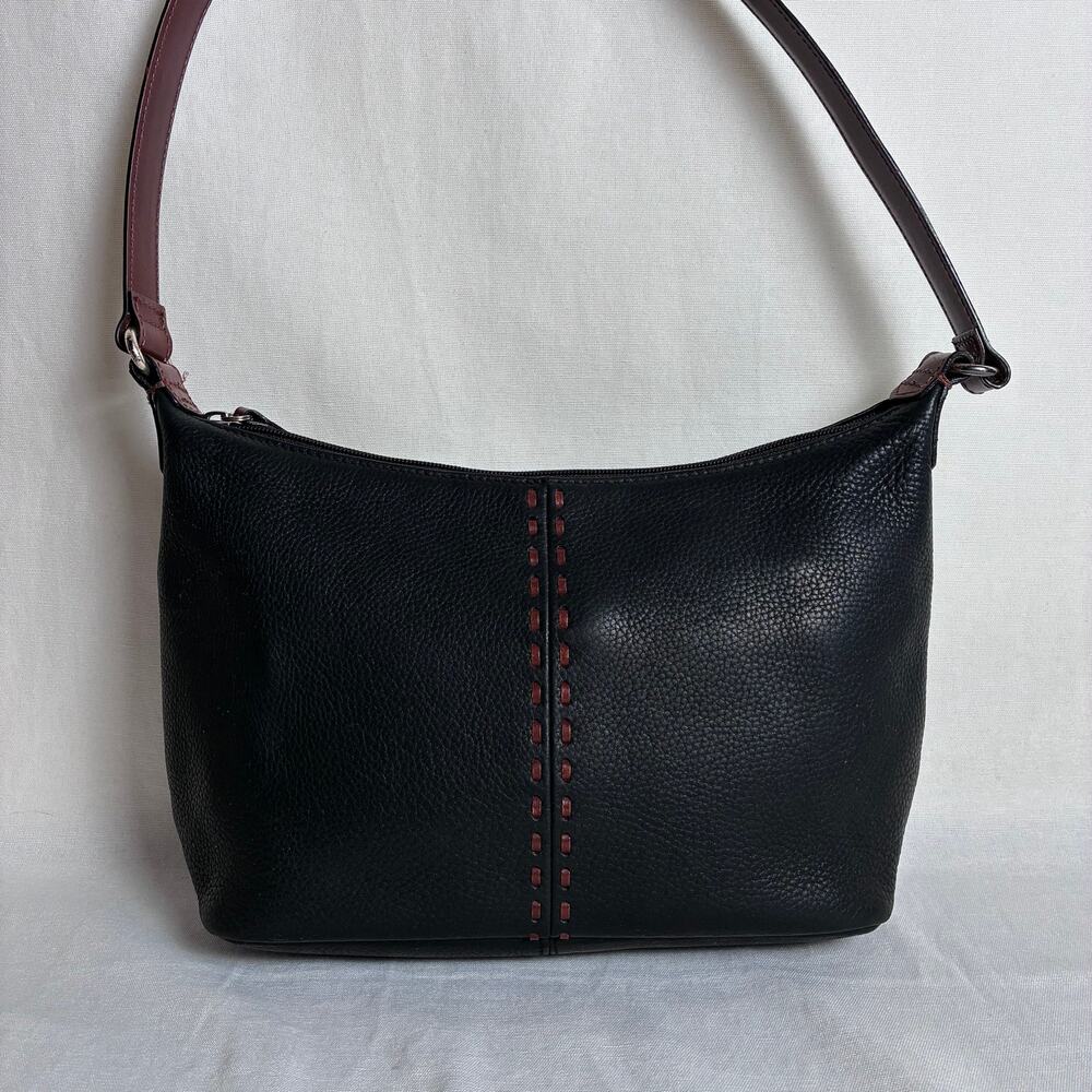 Vintage Fossil Y2K Shoulder Hobo Bag Whipstitch Black Pebbled Leather Brown Trim